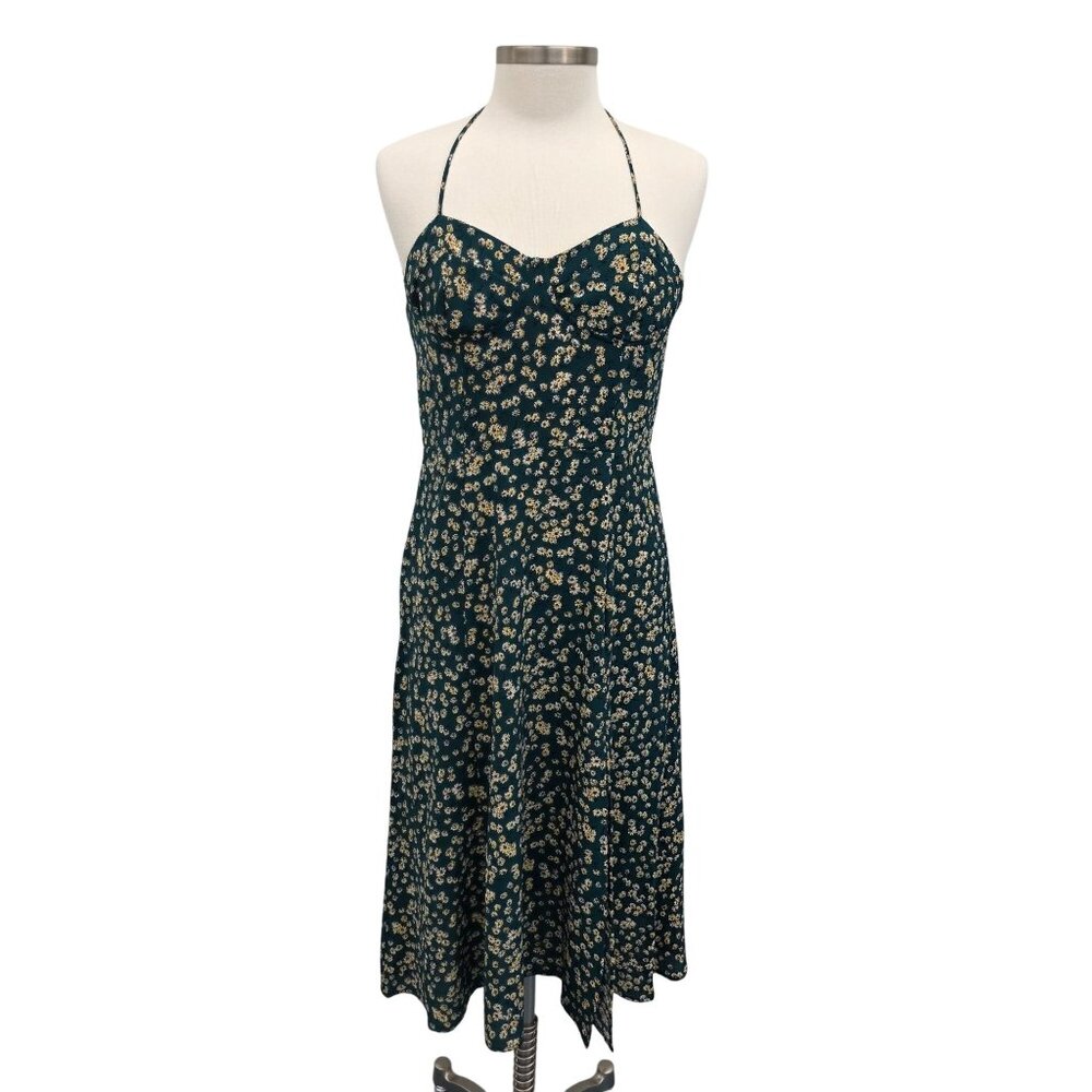 Womens L Green‎ Yellow Floral Print Midi Dress w/Sweetheart Neckline & Tie Back